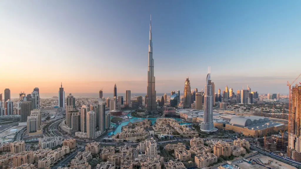 Dubai Downtown day to night transition timelapse with Burj Khalifa and other towers view from the top before new year celebration in Dubai, United Arab Emirates tips for going to Dubai