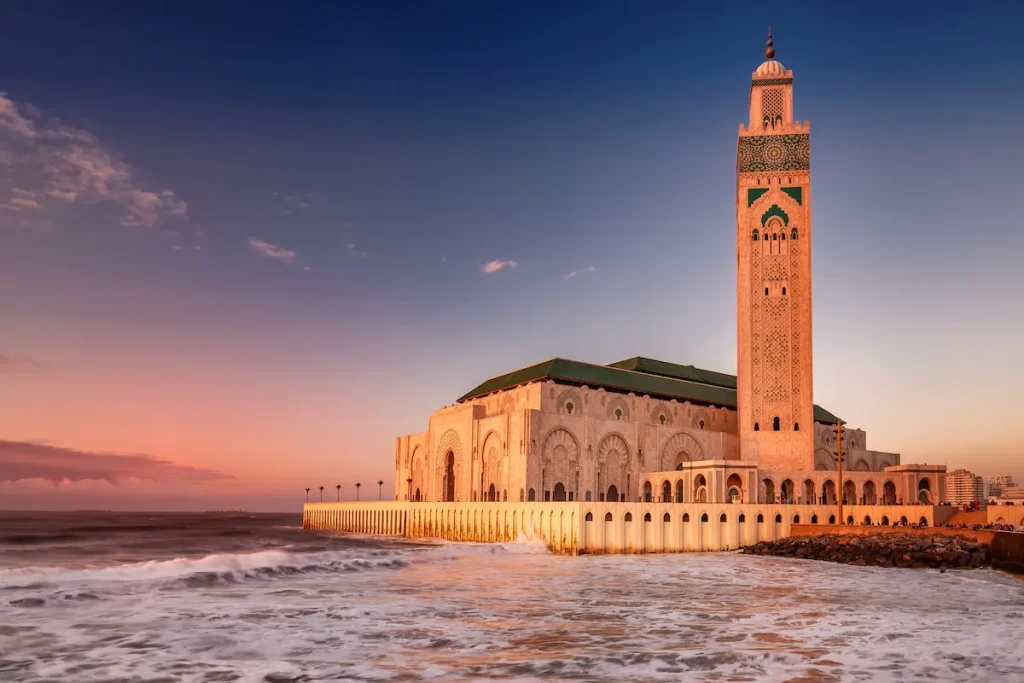 The Hassan II Mosque largest mosque in Morocco. Shot after sunset at blue hour in Casablanca.