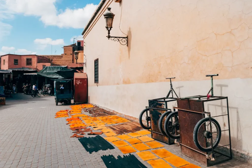 leather slices drying out at marrakech street, morocco
