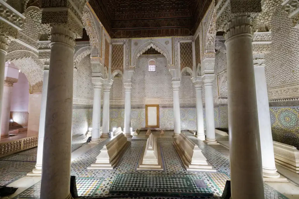 Interior views of the ornate architectural detail of the Saadian Tombs in Marrakech, west Morocco