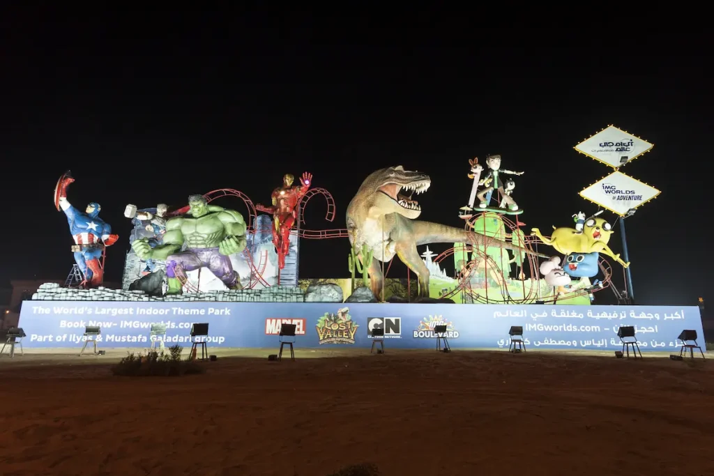 IMG Worlds of Adventure indoor amusement park in Dubai advertisement board. Dubai, United Arab Emirates