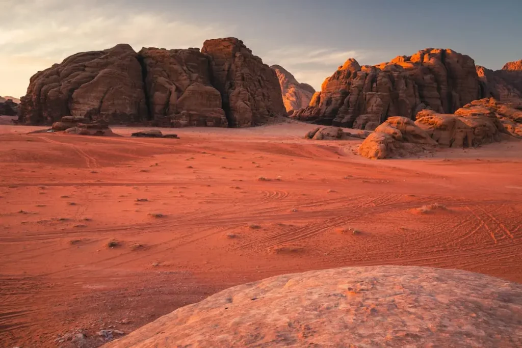 Amazing and spectacular landscapes of Wadi Rum desert in Jordan. Dunes, rocks, it's all here. Beautiful weather gives the climate to this place.