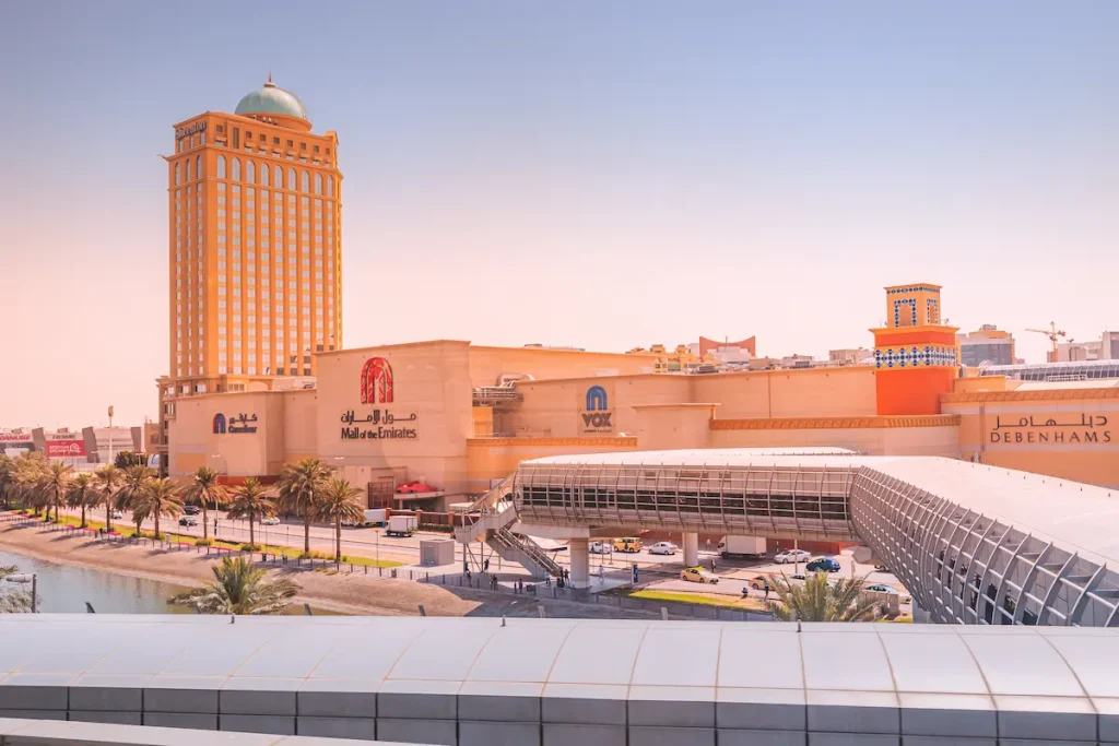 Aerial view of famous Mall of Emirates building and Sheraton Hotel