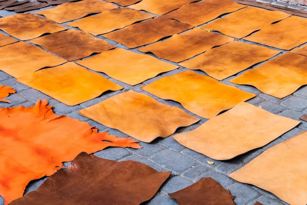 leather slices drying out at marrakech street, morocco