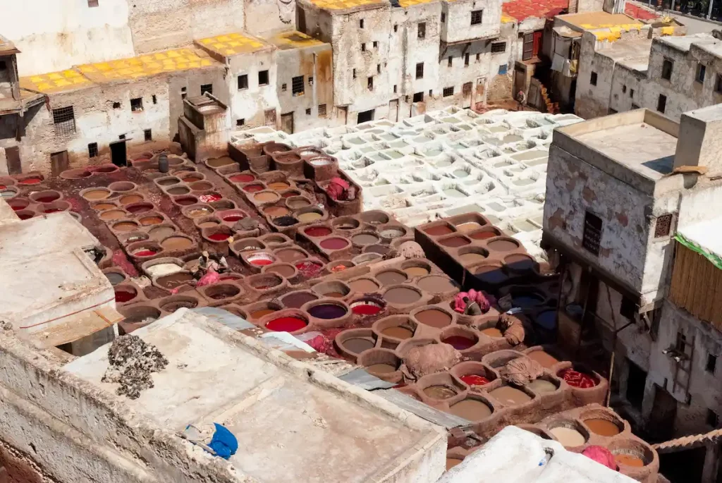 Barefoot Leather Workers, Or Tanners, Processing Animal Hides In Vats Of Dye At The Tannery In Fes El Bali