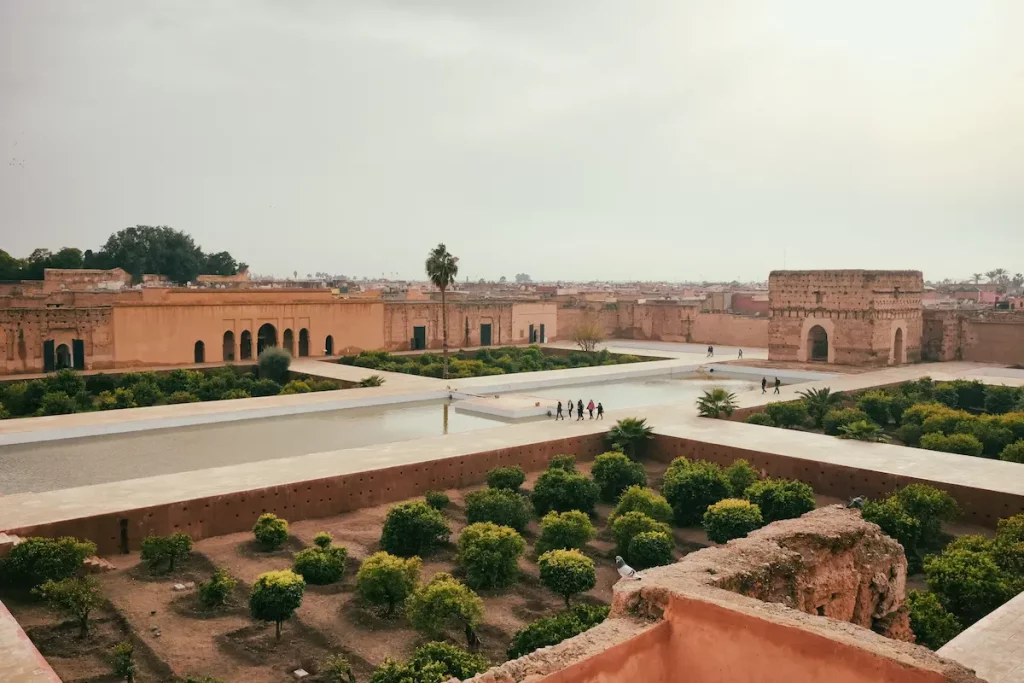 Panoramic view of El Badi royal palace in Marrakech, Morocco. Popular tourist attraction.