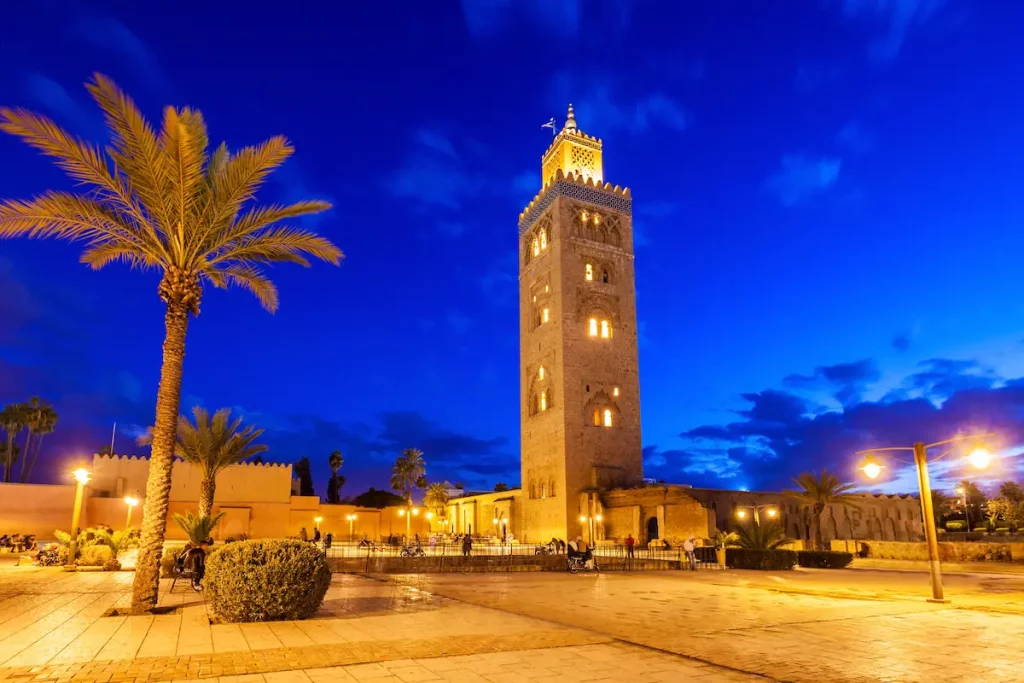 The Koutoubia Mosque or Kutubiyya Mosque at night, it is the largest mosque in Marrakesh, Morocco.