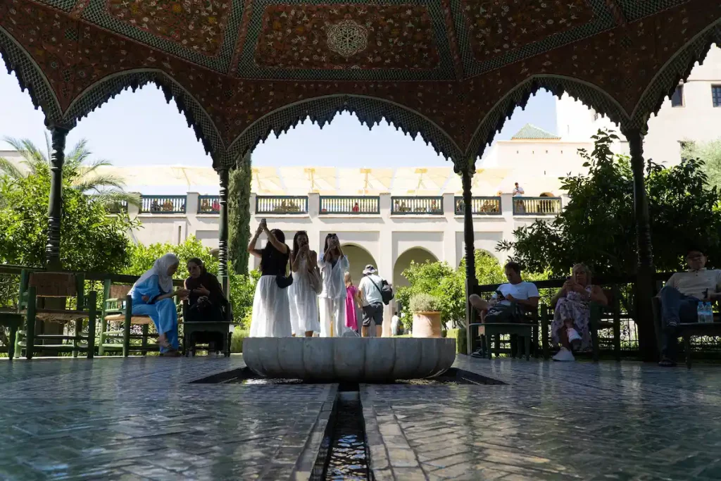 A marble water feature bowl in the covered central feature of the Islamic section in The Secret Garden