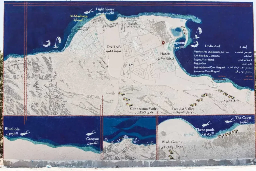 Tourist map of Dahab showing diving and kitesurfing spots including Blue Hole and Lagoon.