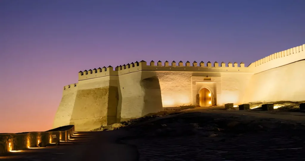 Rests of Agadir Kasbah or Oufla fortress in Agadir city in Morocco at sunset. 