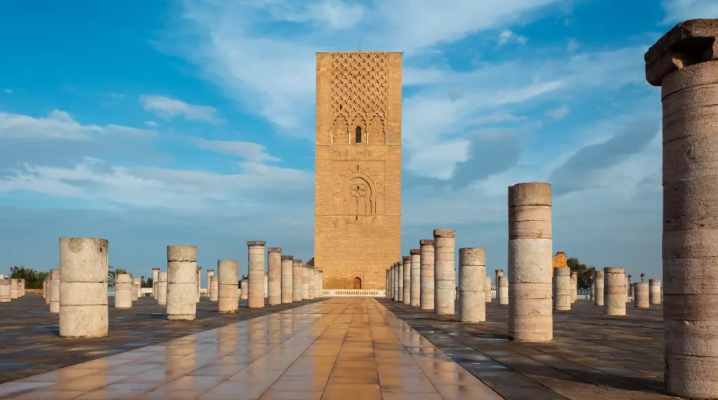 Hassan Tower or Tour Hassan, the minaret of an incomplete mosque in Rabat, Morocco. The tower was intended to be the largest minaret in the world along with the mosque.