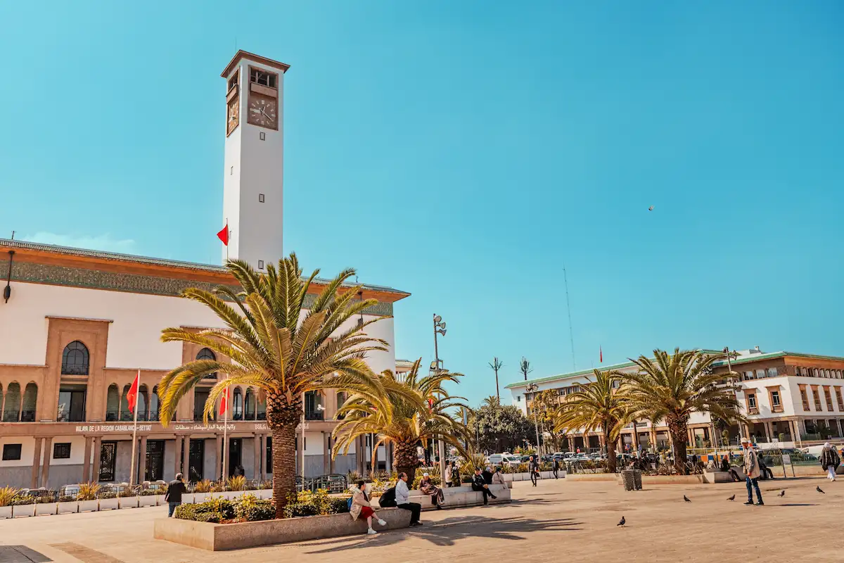 Moroccan administrative building Wilaya du Grand with clock tower on Mohammed V Square 