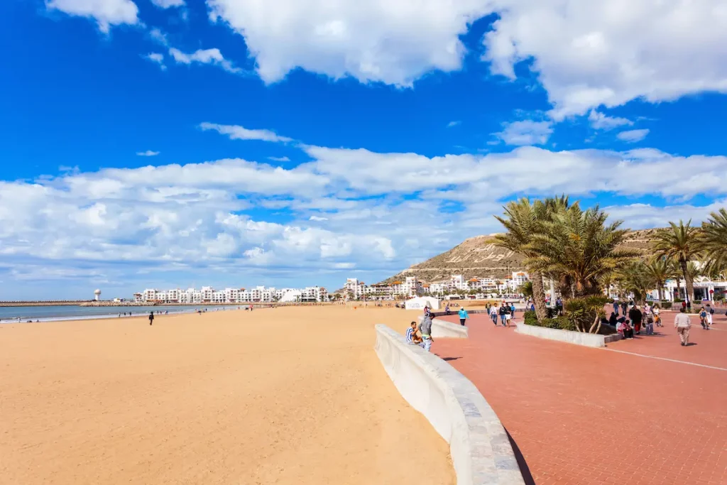 Agadir seafront promenade in Morocco. Agadir is a major city in Morocco located on the shore of the Atlantic Ocean.