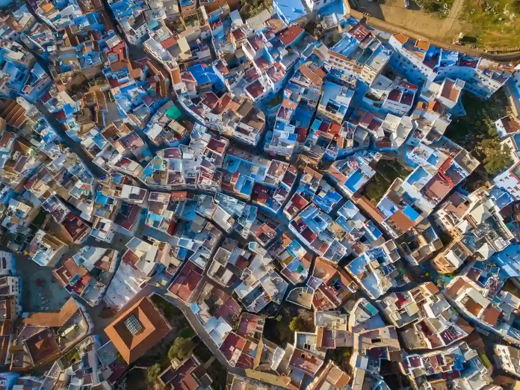 Aerial view of famous Medina blue old city Chefchaouen Morocco