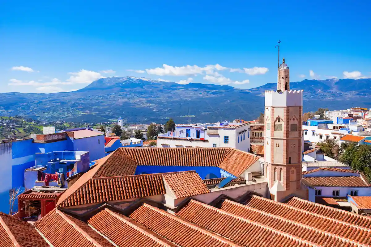 Grand Mosque in Chefchaouen. Chefchaouen is a city in northwest Morocco. Chefchaouen is noted for its buildings in shades of blue