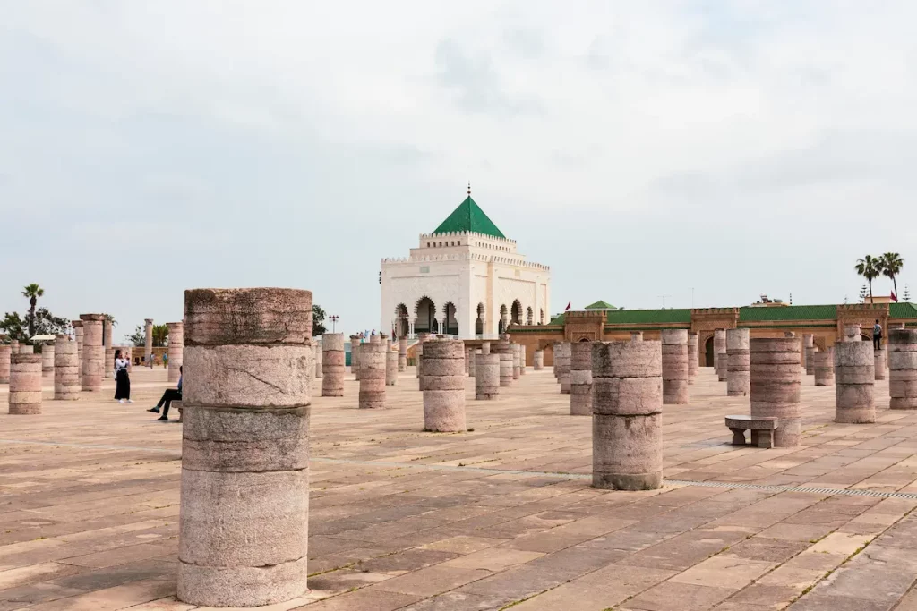 The Mausoleum of Mohammed V is a historical building located on the opposite side of the Hassan Tower on the Yacoub al-Mansour esplanade in Rabat.