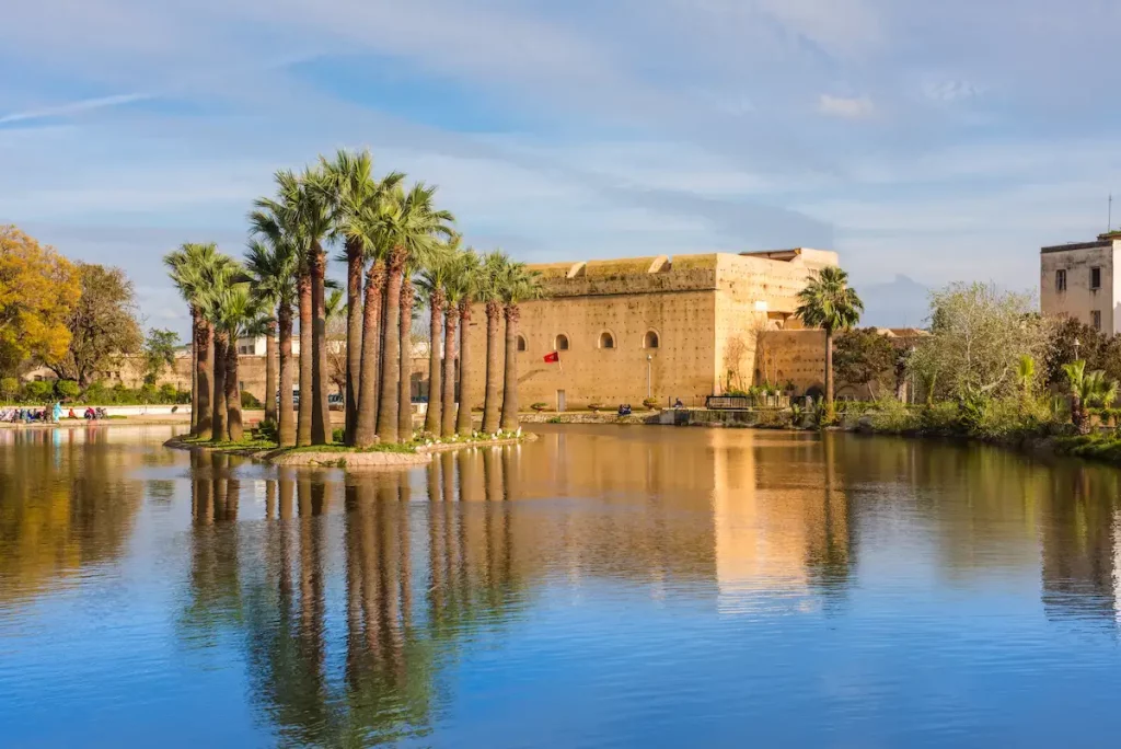 Jnan Sbil or Bou Jeloud garden, Royal Park in Fez with lake and palms, Fez Morocco