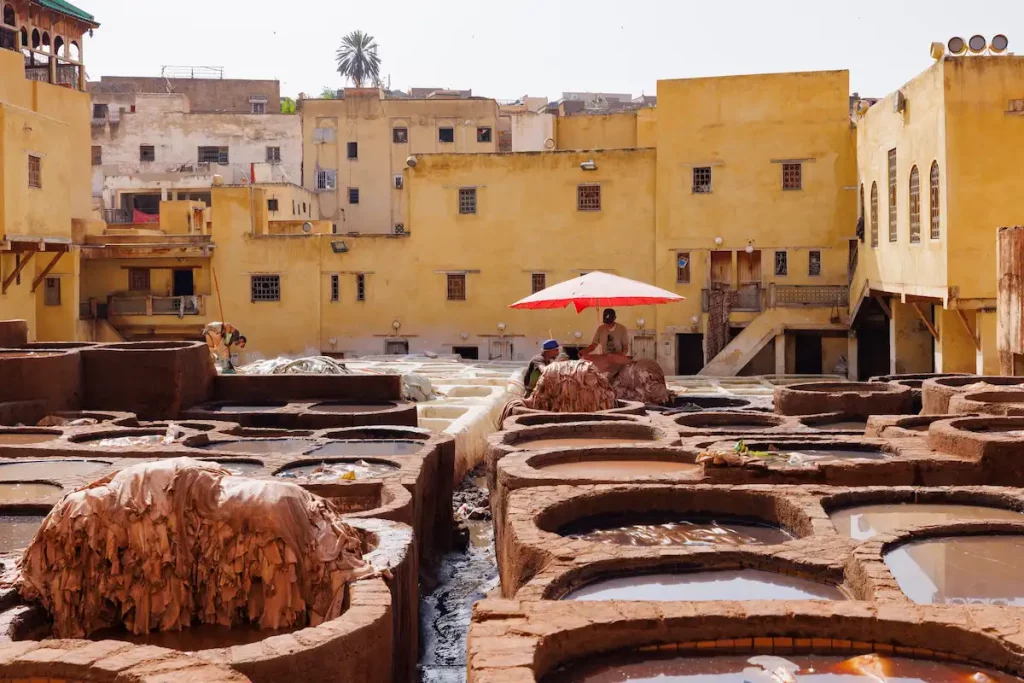 Workers treat leather with softening liquids and dyes at Chouara Tannery, in the Medina quarter of Fez el Bali, Fez, north west Morocco