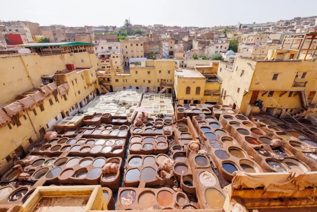 Workers treat leather with softening liquids and dyes at Chouara Tannery, in the Medina quarter of Fez el Bali, Fez, north west Morocco