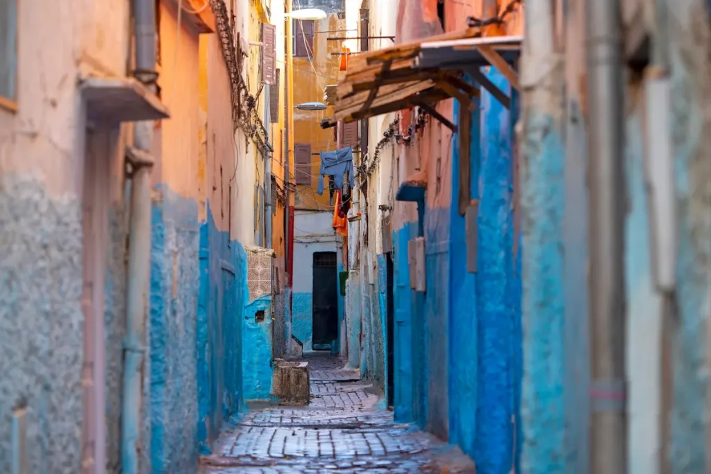 Traditional colorful small streets of the old town, medina district in Casablanca, Morocco