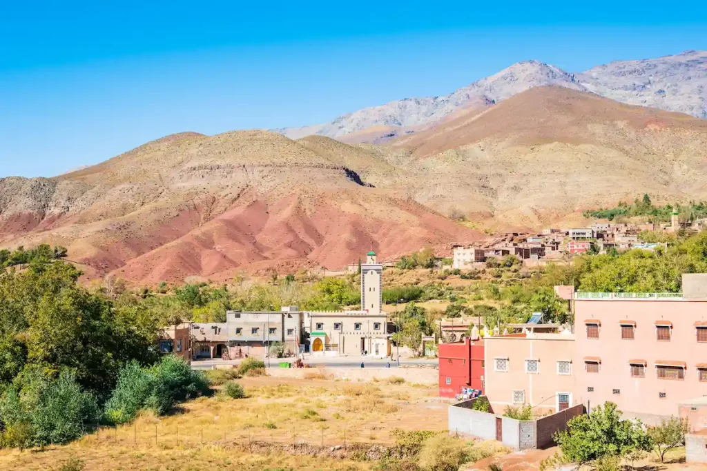 View of Tisseldei town in desert landscape of Atlas mountains on route to Tizi n'Tichka pass, Morocco, North Africa Best Places to Visit in Atlas Mountains