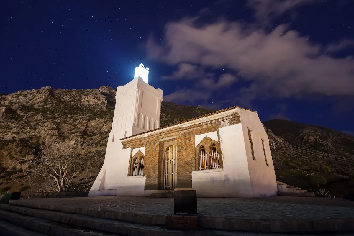 Spanish Mosque in Chefchaouen at night. Chefchaouen is a city in northwest Morocco. Chefchaouen is noted for its buildings in shades of blue.