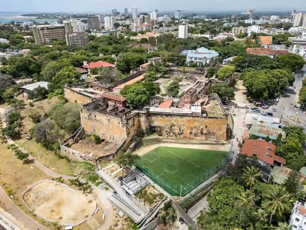 Top view of Mombasa Kenya. city view from above to the Mombasa embankment with Fort Jesus.