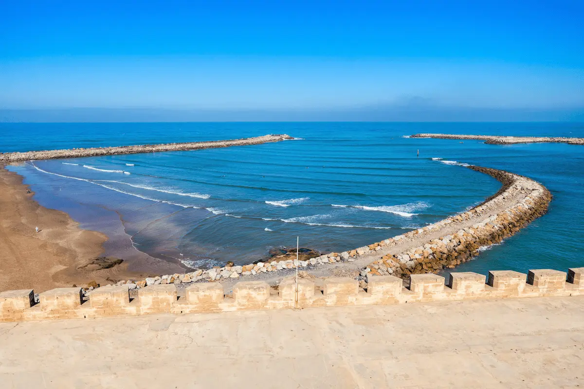 Rabat beach aerial panoramic view from the Kasbah of the Udayas fortress in Rabat in Morocco. The Kasbah of the Udayas is located at the mouth of the Bou Regreg river in Rabat, Morocco.