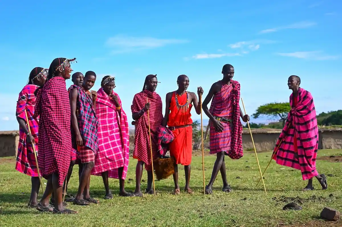 MAASAI MARA NATIONAL RESERVE, KENYA, AFRICA - NOVEMBER 11, 2022: People of Kenya. Group of Maasai men in traditional clothes with sticks standing in the middle of a village in Kenya, Africa 