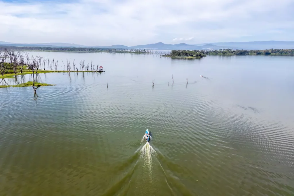 Naivasha lake national park, kenya. tourists sail by boat on Lake Naivasha. Water safari with viewing of animals and birds. top view from above