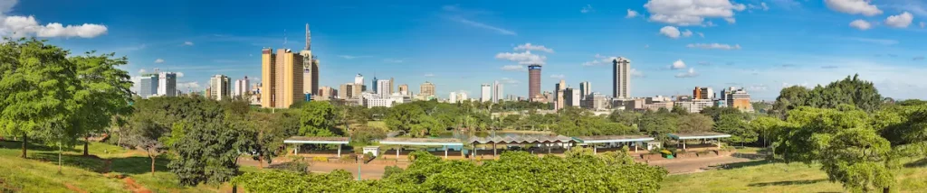 Panoramic view of the skyline of Nairobi, Kenya with Uhuru Park in the foreground