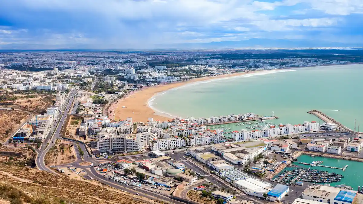 Agadir aerial panoramic view from the Agadir Kasbah or Agadir Fortress in Morocco