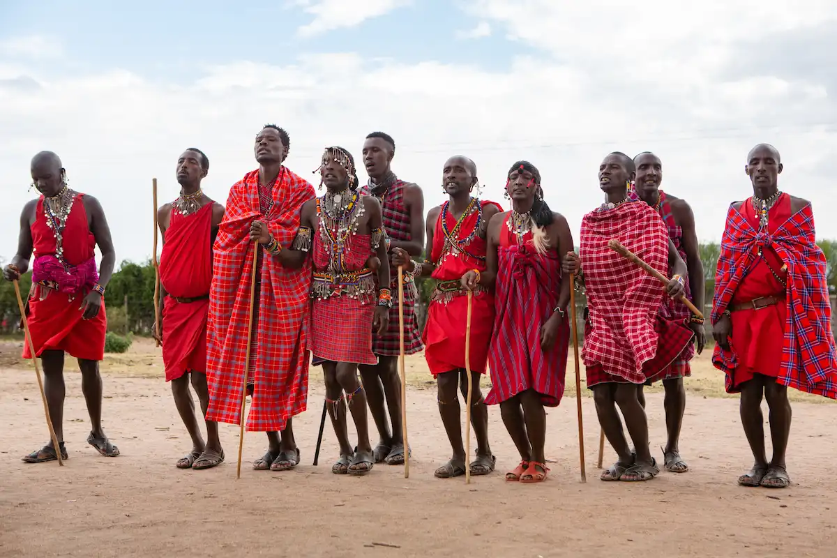 AFRICA, KENYA, MASAI MARA – AUGUST 30, 2023: Masai in traditional colorful clothing showing Maasai jumping dance at local tribe village near famous Safari travel destination. Kenya. Editorial