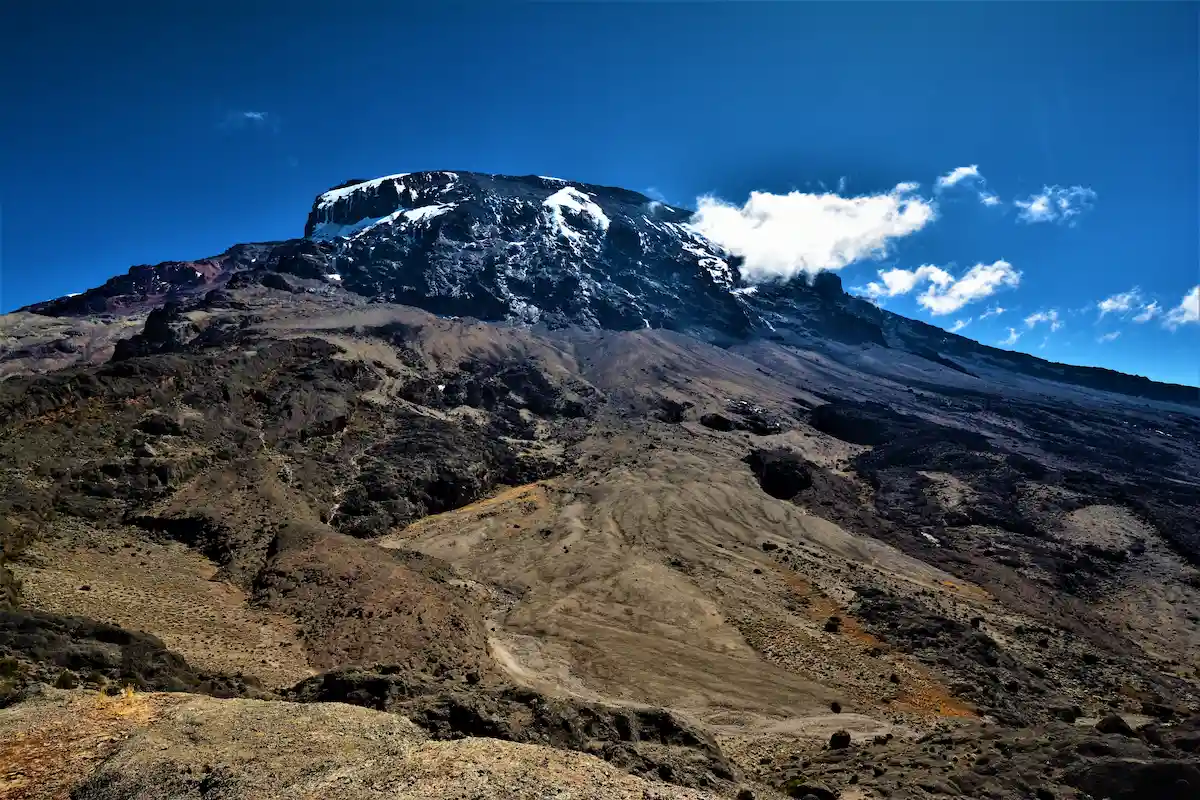 Kibo volcanic cone with Uhuru Peak (5895 m, the top of Mt. Kilimanjaro) on its rim as seen from the viewpoint above Barranco Wall, Machame Route (Kilimanjaro National Park) 