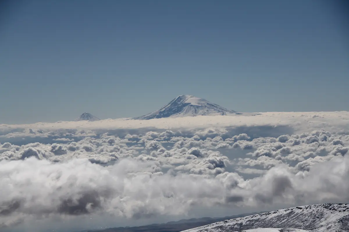Aerial view of the snow capped Mount Kilimanjaro