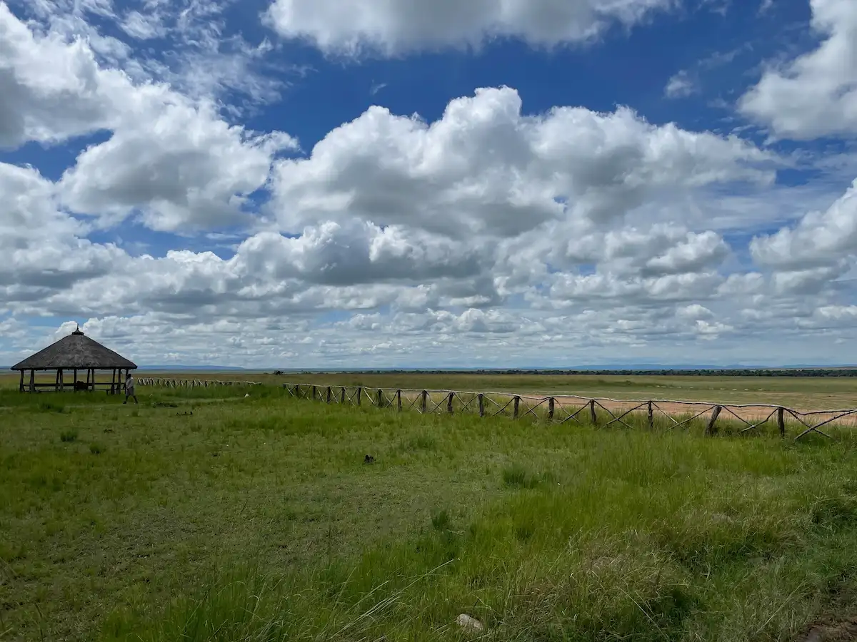 Narok, Kenya – April 14, 2024: Open grassland with a thatched shelter beside an unpaved airstrip used for bush flights in the Maasai Mara under a partly cloudy sky.