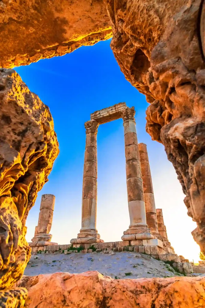 Amman, Jordan: Temple of Hercules, Amman Citadel or Jabal al-Qal'a in sunset light. Middle east travel destination