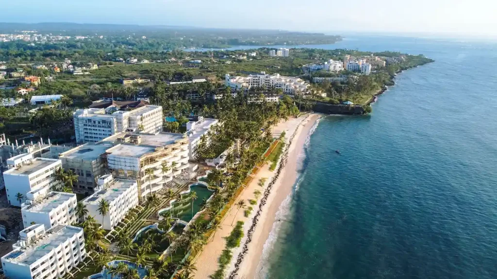 A drone shot over the Beach of the Coastal part of Mombasa, Kenya at sunrise