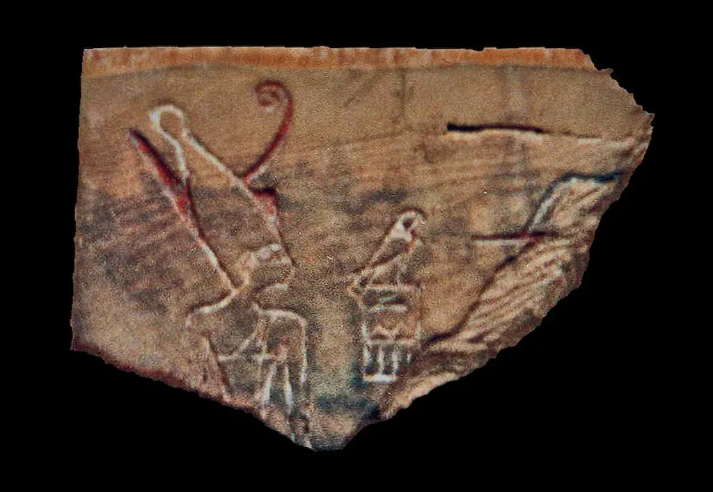 Fragment of an ivory label showing pharaoh Den, wearing the double crown of Upper and Lower Egypt