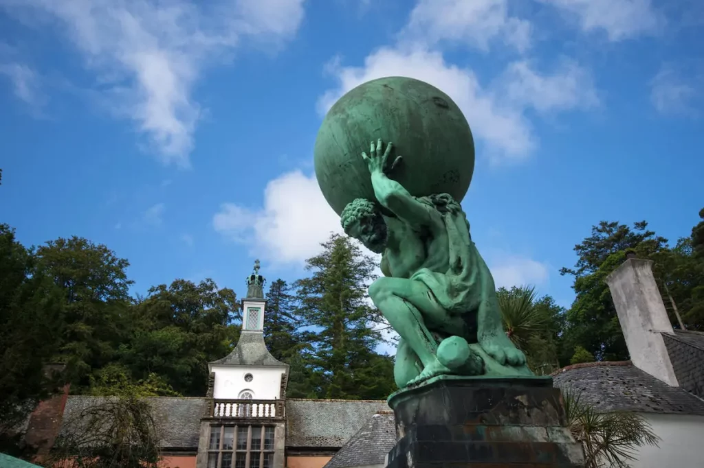 Hercules statue at Portmeirion in North Wales, an Italianate model village built by founder, architect Clough Williams-Ellis