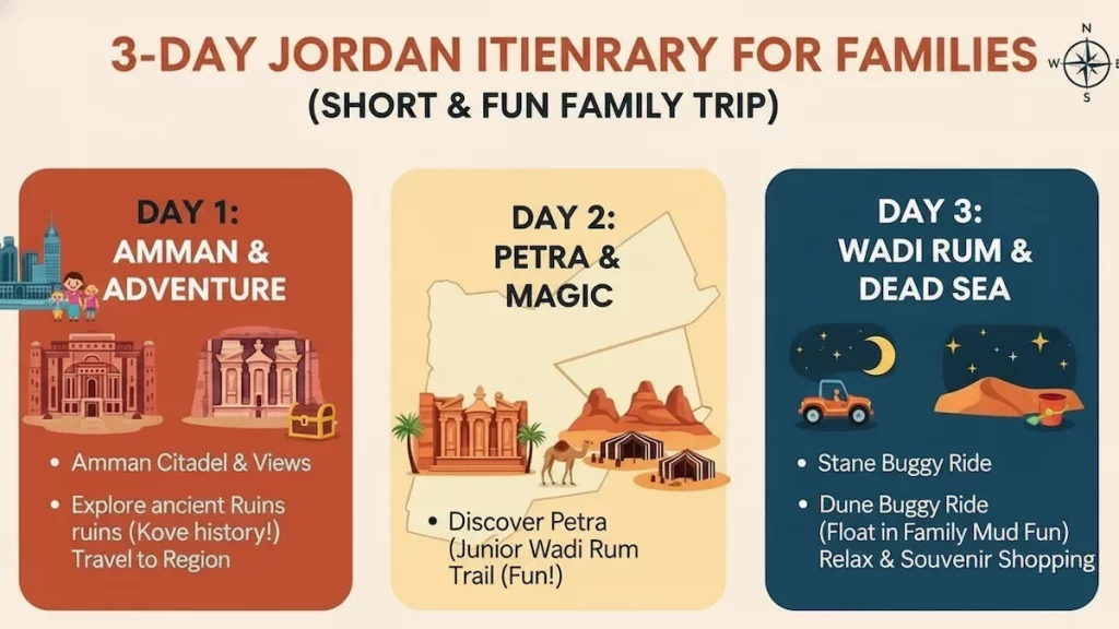 Enjoy a fun 3-day family trip in Jordan with Amman highlights, Petra adventures, Wadi Rum jeep rides, and Dead Sea relaxation.