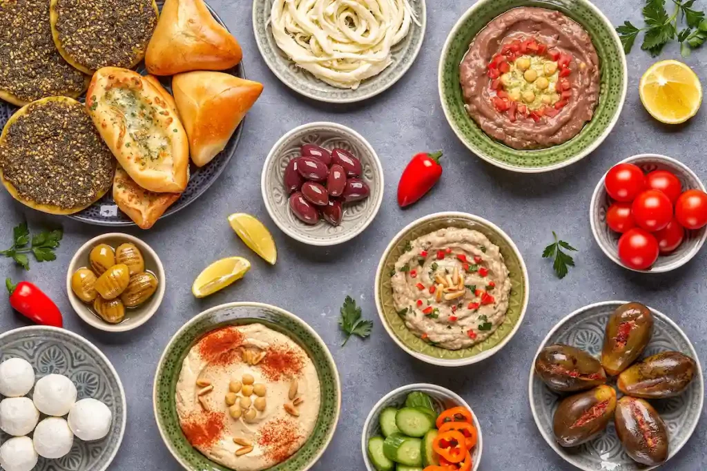 Middle eastern, arabic traditional breakfast with hummus, foul, mutabbal, makdous and zaatar. Top view