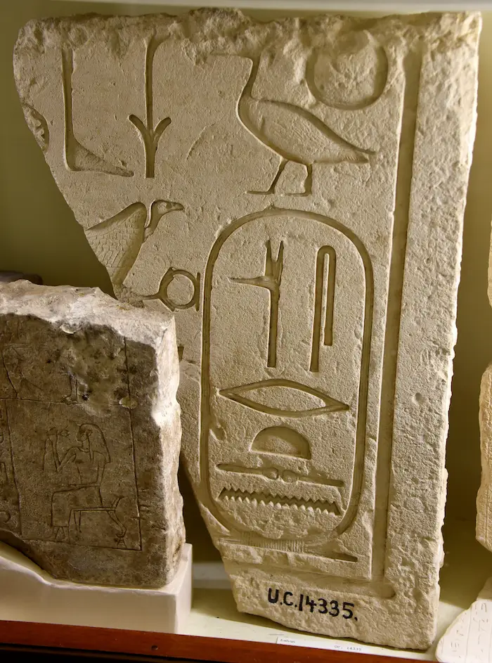 Limestone slab showing the cartouche of Senusret II and name and image of goddess Nekhbet.