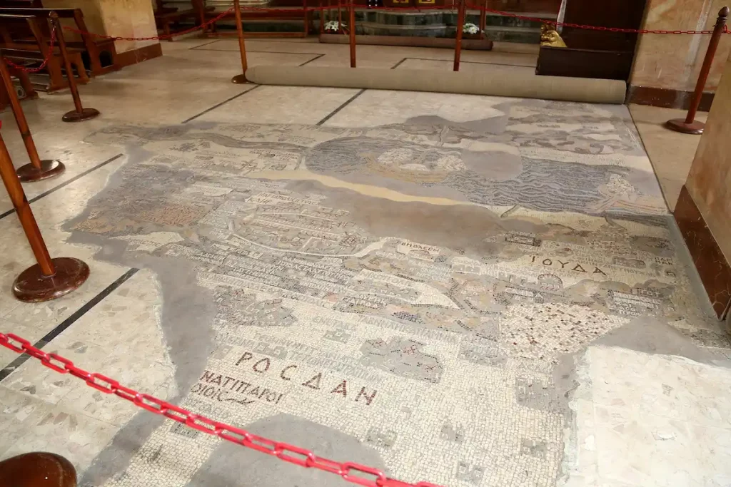 ancient byzantine map of Holy Land on floor of Madaba St George Basilica, Jordan, Middle East