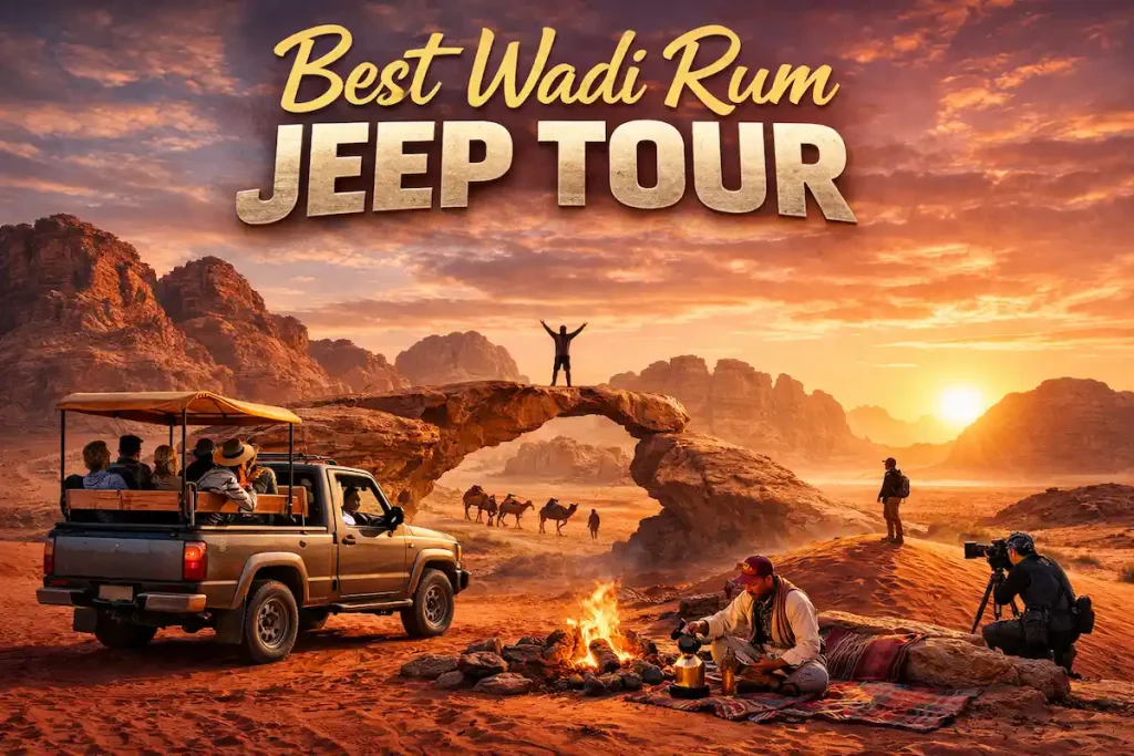 Tourists riding in a 4x4 vehicle during the Best Wadi Rum Jeep Tour at sunset, with red desert sand, rock bridges, Bedouins preparing tea by a campfire, and camels walking in the background.