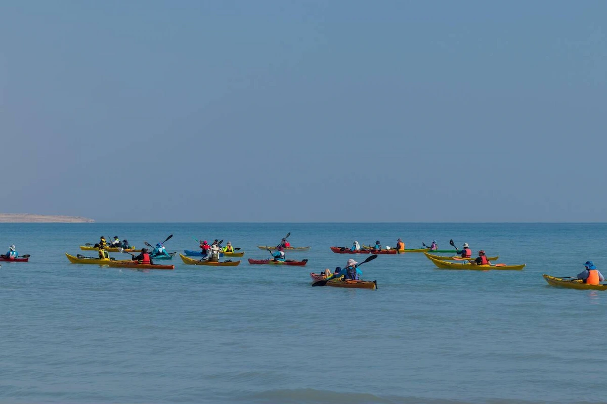 ein gedi israel 10 02 2021 a group of people rowing for sports in paddle boats in the dead sea
