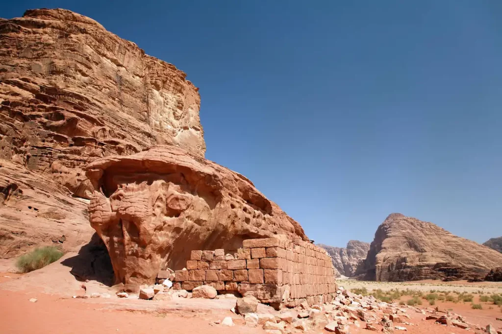 House from Lawrence of Arabia, ruin, wall, desert, Wadi Rum, Hashemite Kingdom of Jordan, Middle East, Asia