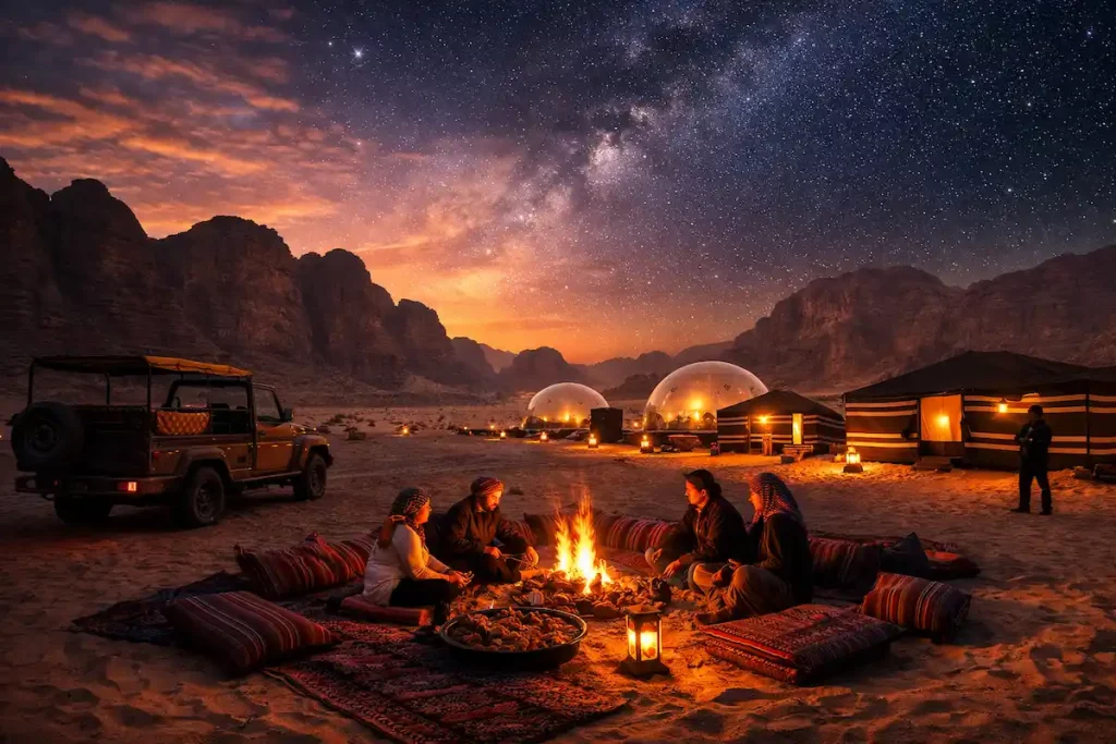 Overnight Jeep Tour and Camp Experience in Wadi Rum showing a Bedouin-style campfire gathering, open-roof jeep, bubble tents, and starry night sky with sandstone mountains in the background.
