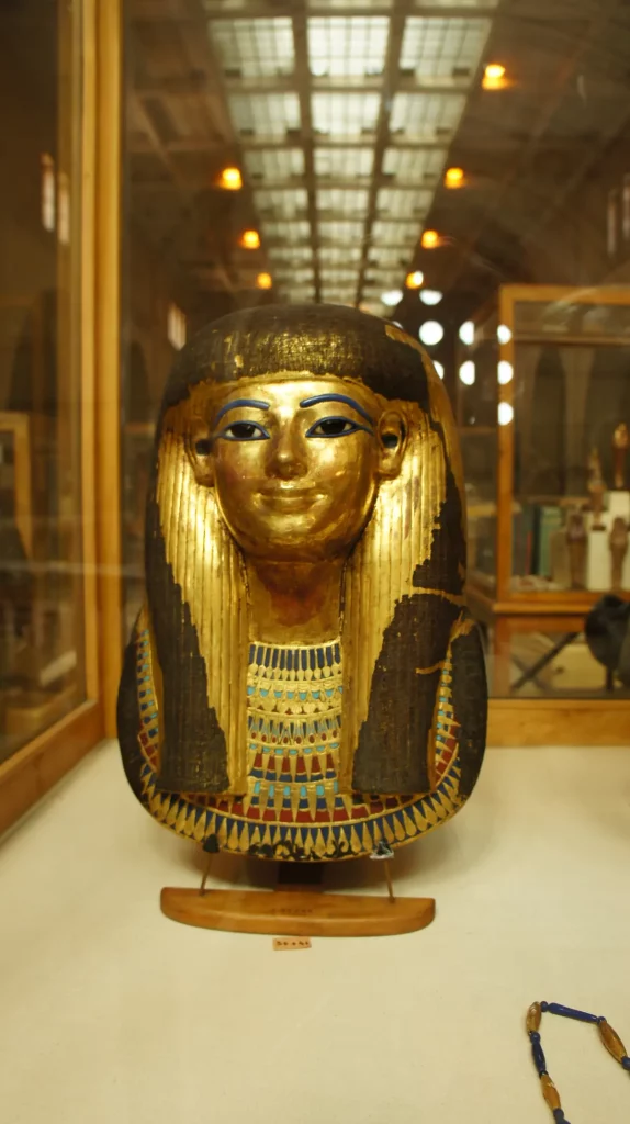 The funerary mask of ancient Egyptian Tjuyu or Tiya at the Egyptian Musuem of Cairo