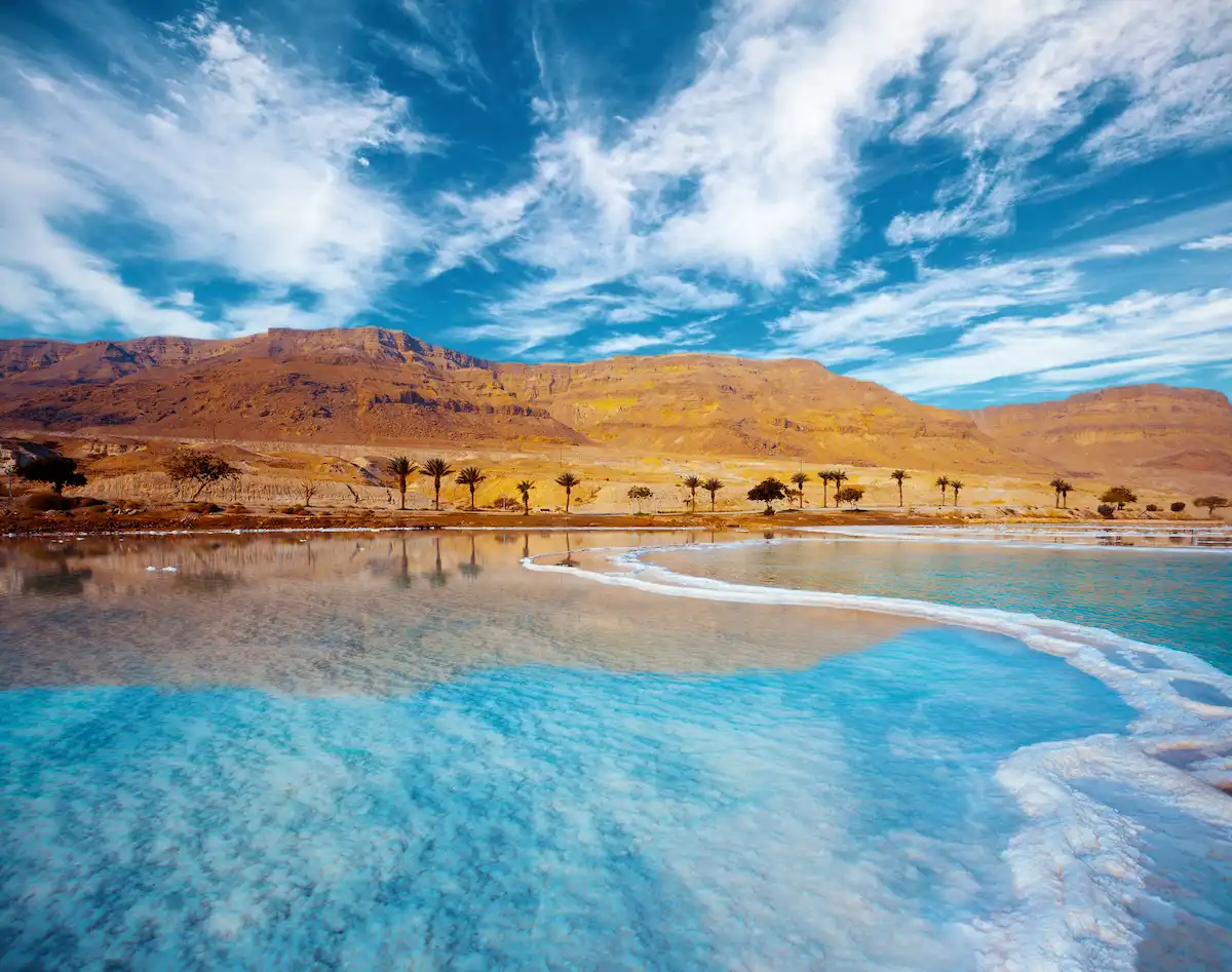 Seascape with beautiful cloudy sky. Dead Sea seashore with palm trees and mountains on background